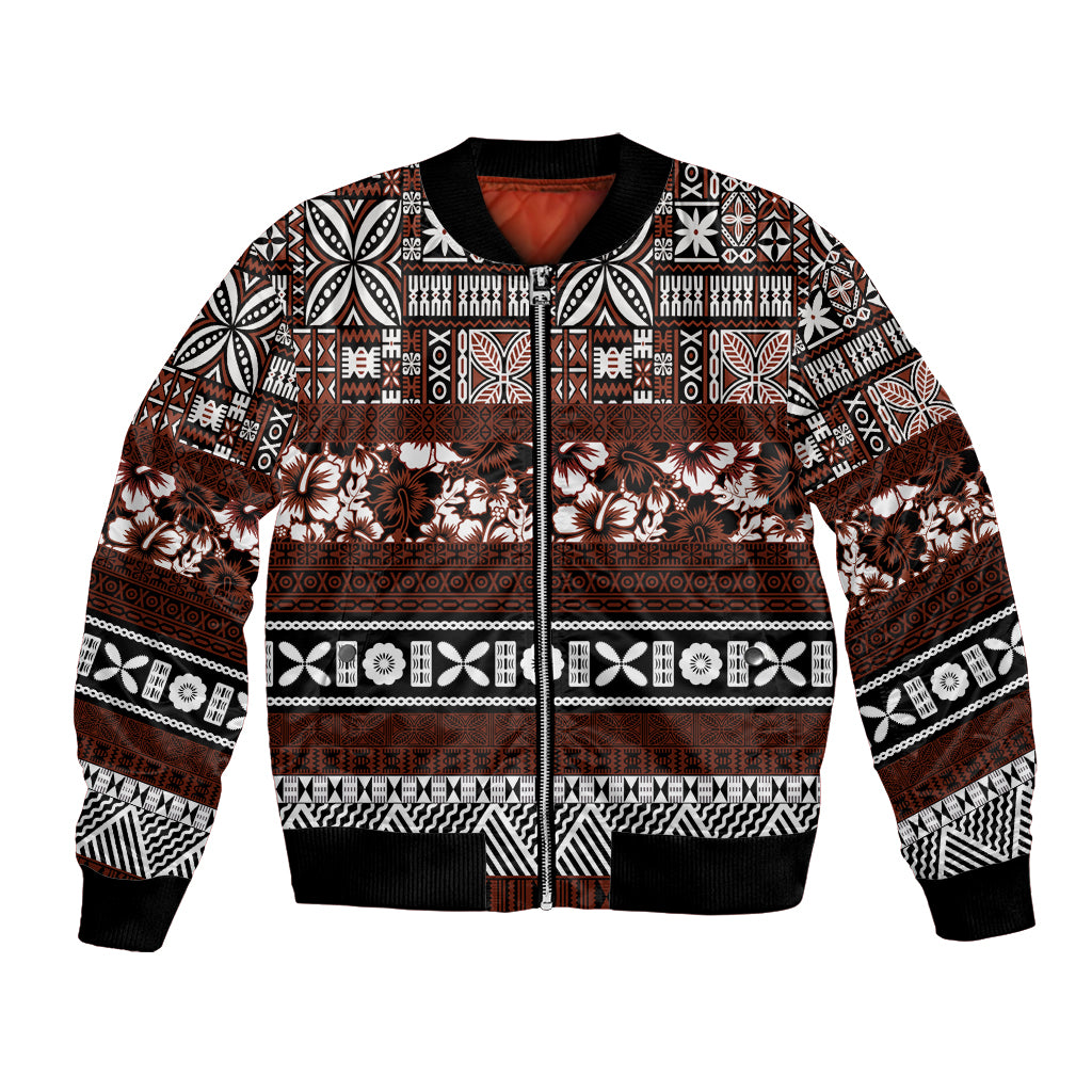 Bula Fiji Bomber Jacket Fijian Tapa Masi With Hibiscus Flowers - Wonder Print Shop
