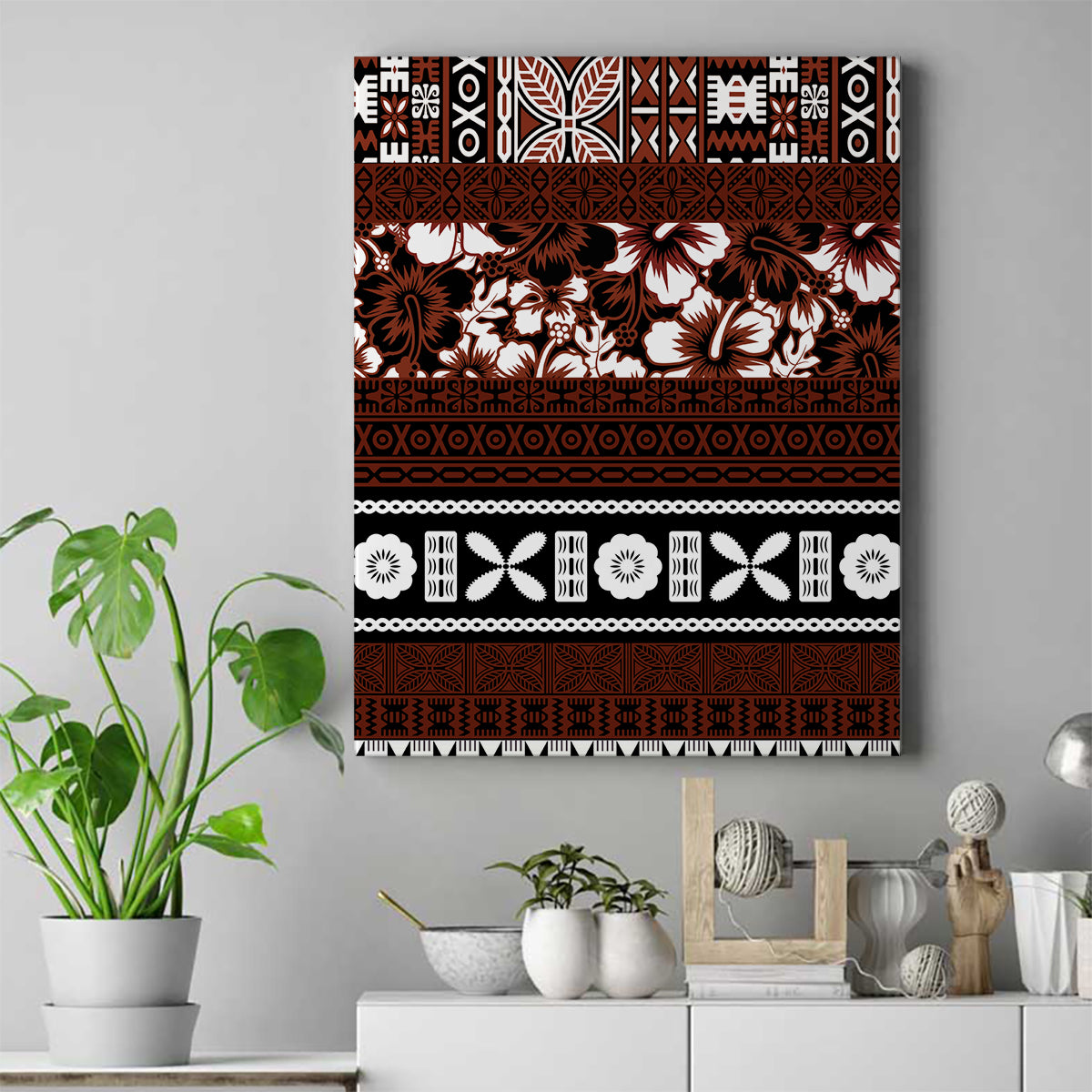 Bula Fiji Canvas Wall Art Fijian Tapa Masi With Hibiscus Flowers - Wonder Print Shop