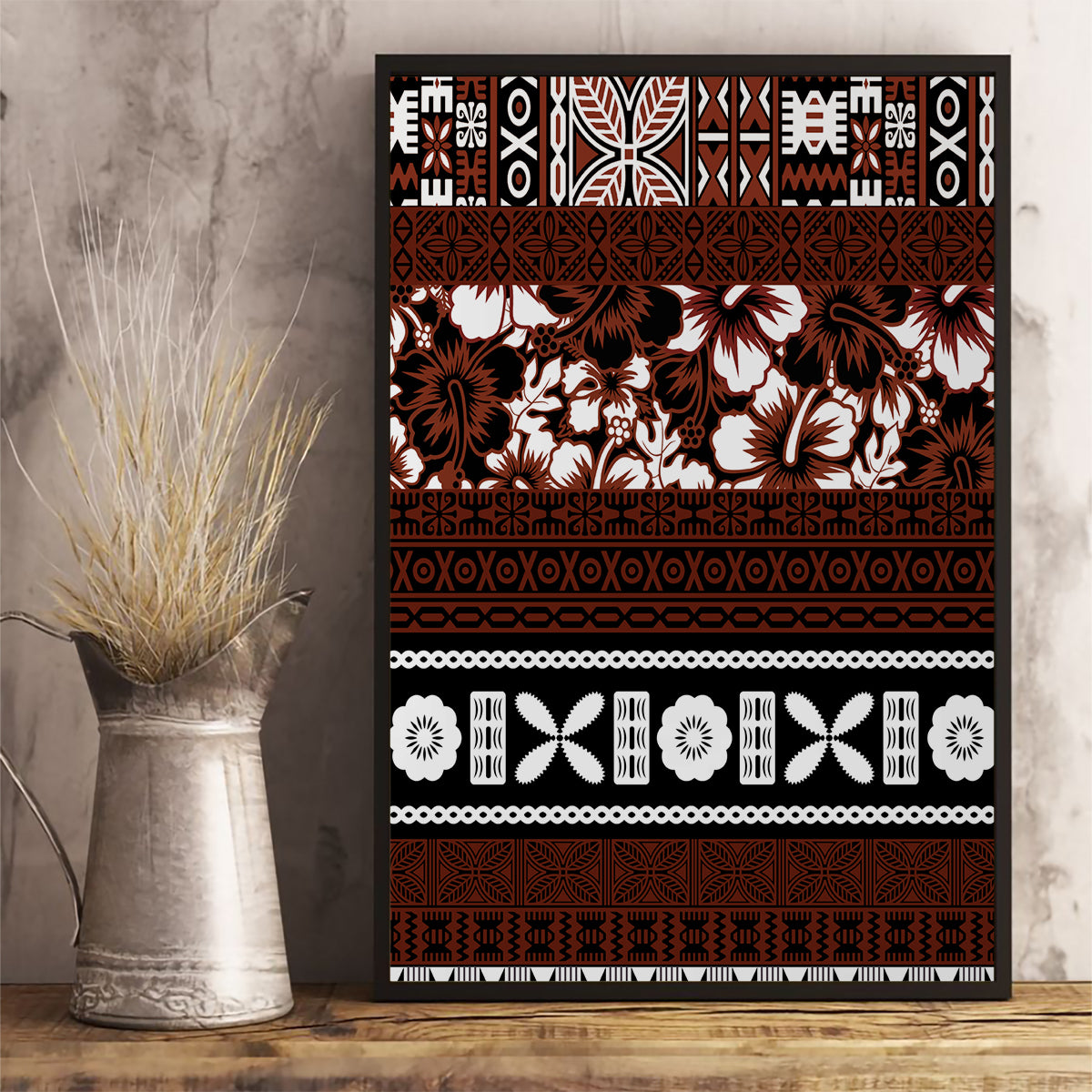 Bula Fiji Canvas Wall Art Fijian Tapa Masi With Hibiscus Flowers - Wonder Print Shop