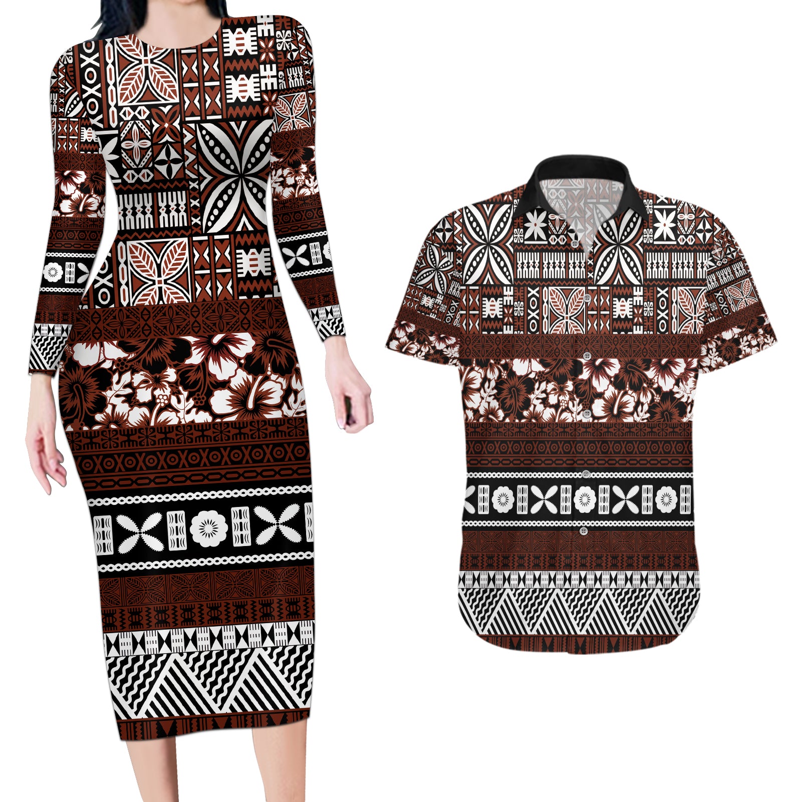 Bula Fiji Couples Matching Long Sleeve Bodycon Dress and Hawaiian Shirt Fijian Tapa Masi With Hibiscus Flowers - Wonder Print Shop