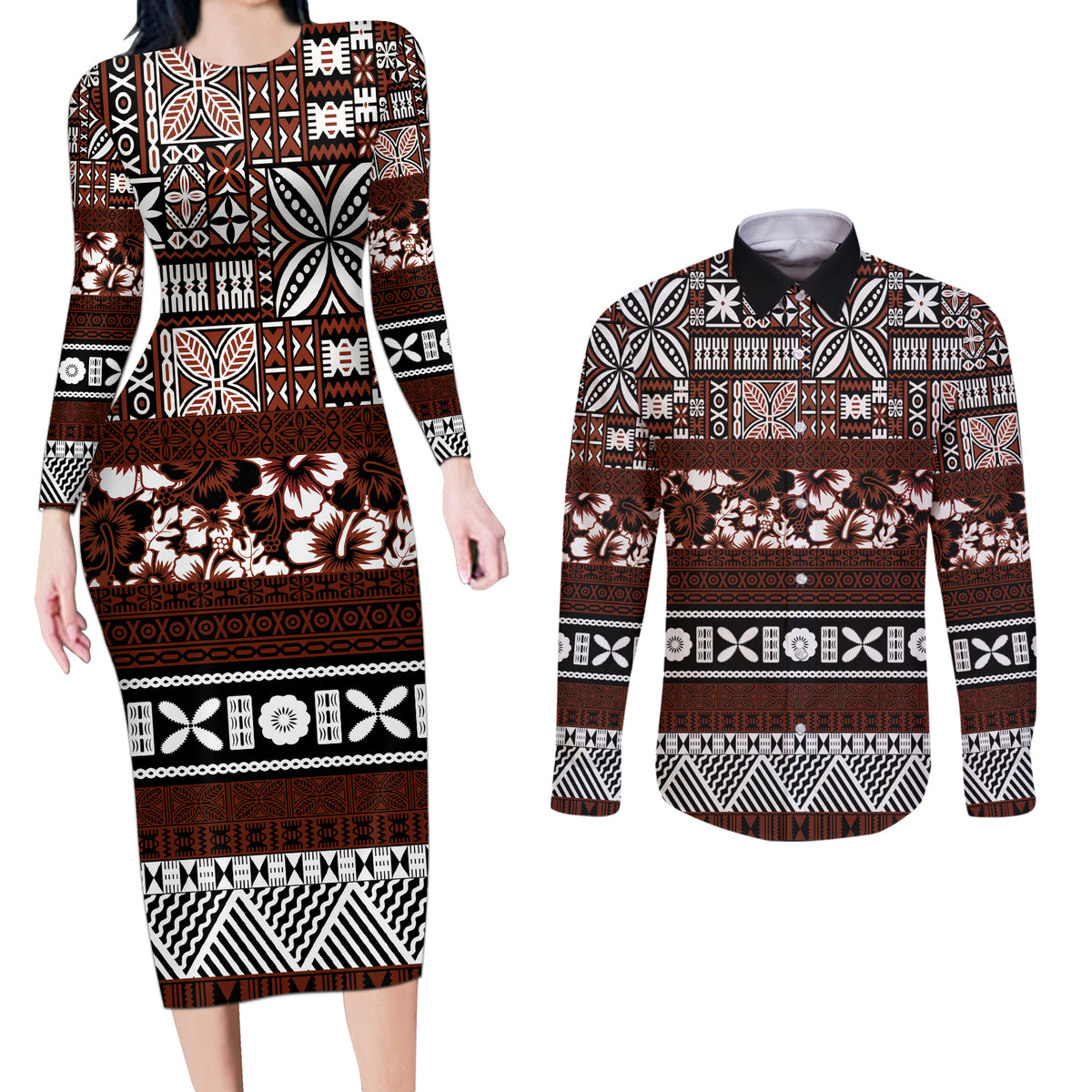 Bula Fiji Couples Matching Long Sleeve Bodycon Dress and Long Sleeve Button Shirt Fijian Tapa Masi With Hibiscus Flowers - Wonder Print Shop