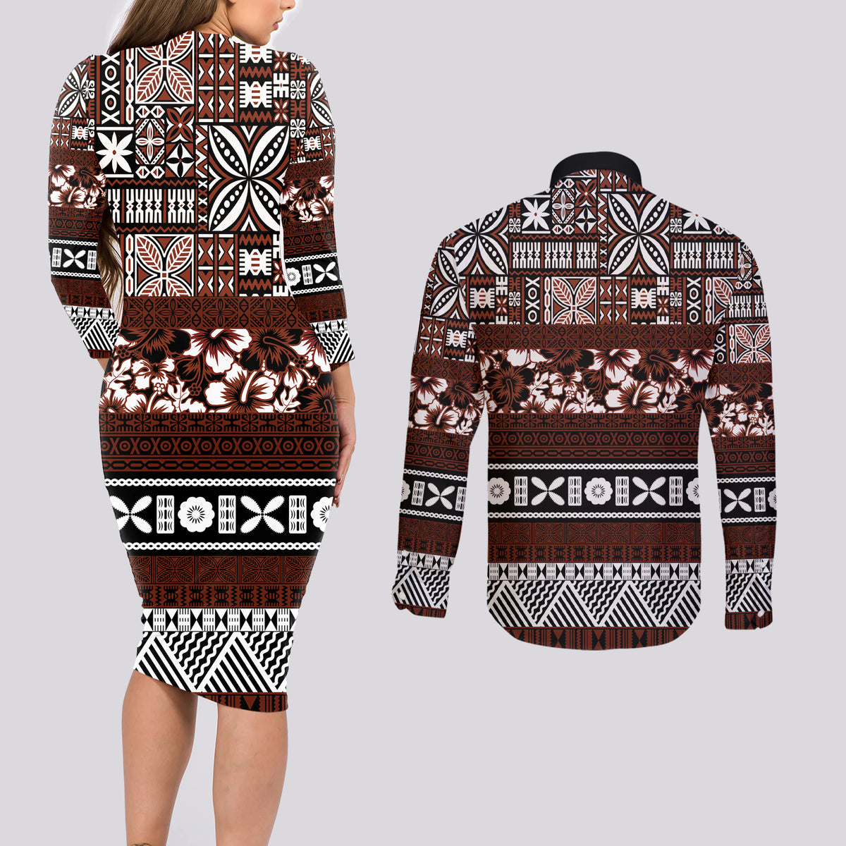 Bula Fiji Couples Matching Long Sleeve Bodycon Dress and Long Sleeve Button Shirt Fijian Tapa Masi With Hibiscus Flowers - Wonder Print Shop