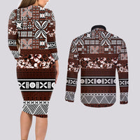 Bula Fiji Couples Matching Long Sleeve Bodycon Dress and Long Sleeve Button Shirt Fijian Tapa Masi With Hibiscus Flowers - Wonder Print Shop