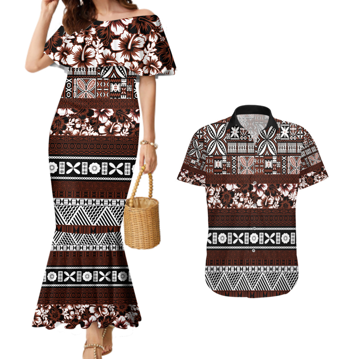 Bula Fiji Couples Matching Mermaid Dress and Hawaiian Shirt Fijian Tapa Masi With Hibiscus Flowers - Wonder Print Shop