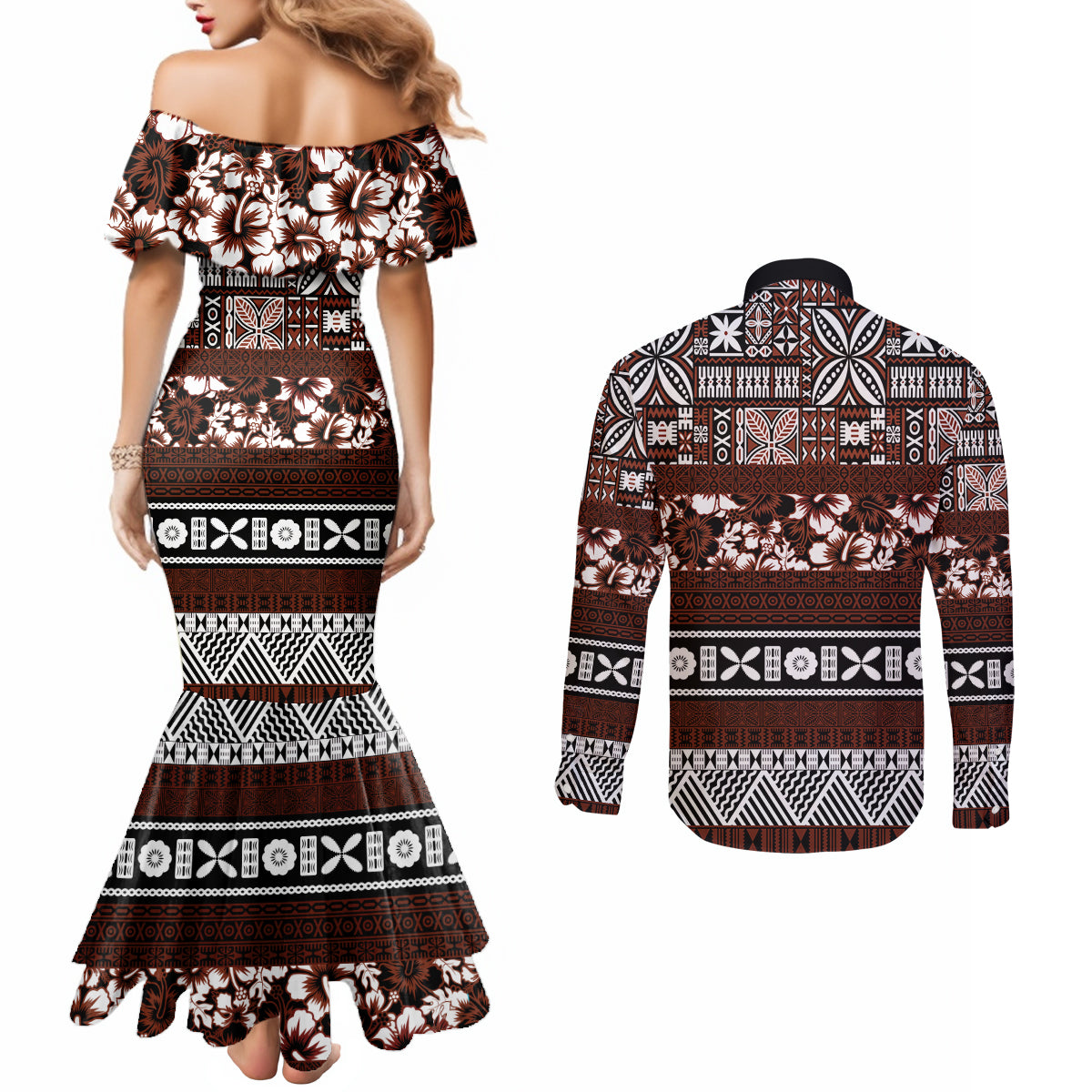 bula-fiji-couples-matching-mermaid-dress-and-long-sleeve-button-shirt-fijian-tapa-masi-with-hibiscus-flowers