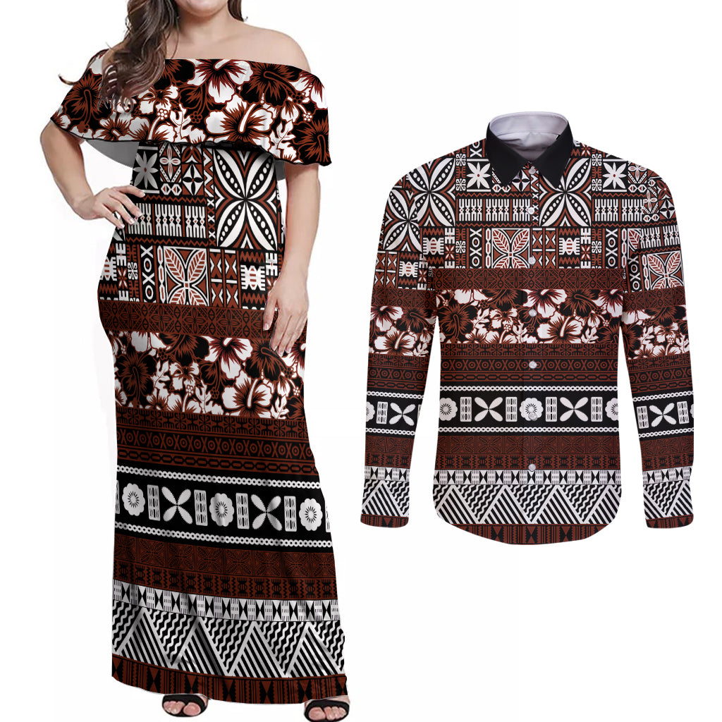Bula Fiji Couples Matching Off Shoulder Maxi Dress and Long Sleeve Button Shirt Fijian Tapa Masi With Hibiscus Flowers - Wonder Print Shop