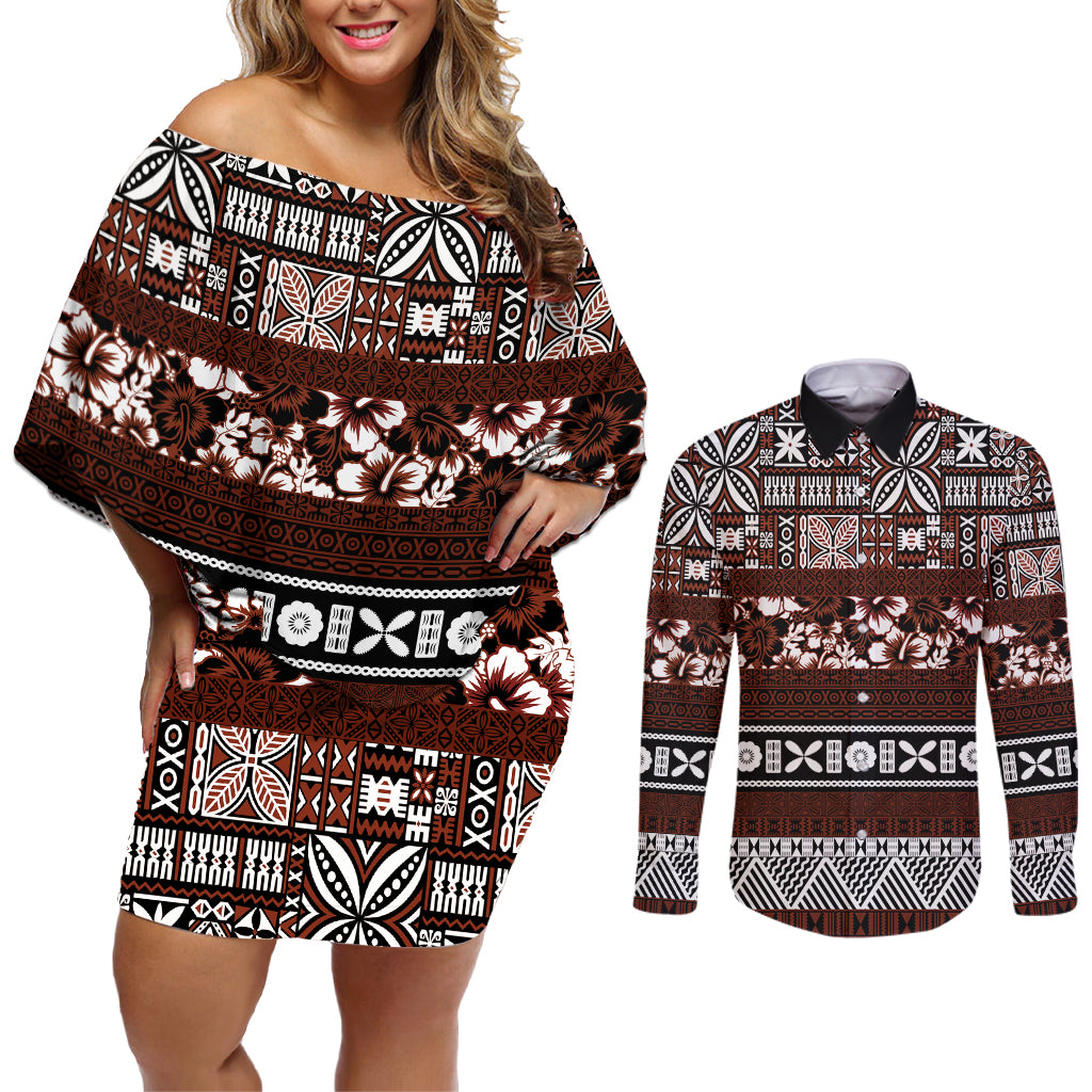 Bula Fiji Couples Matching Off Shoulder Short Dress and Long Sleeve Button Shirt Fijian Tapa Masi With Hibiscus Flowers - Wonder Print Shop