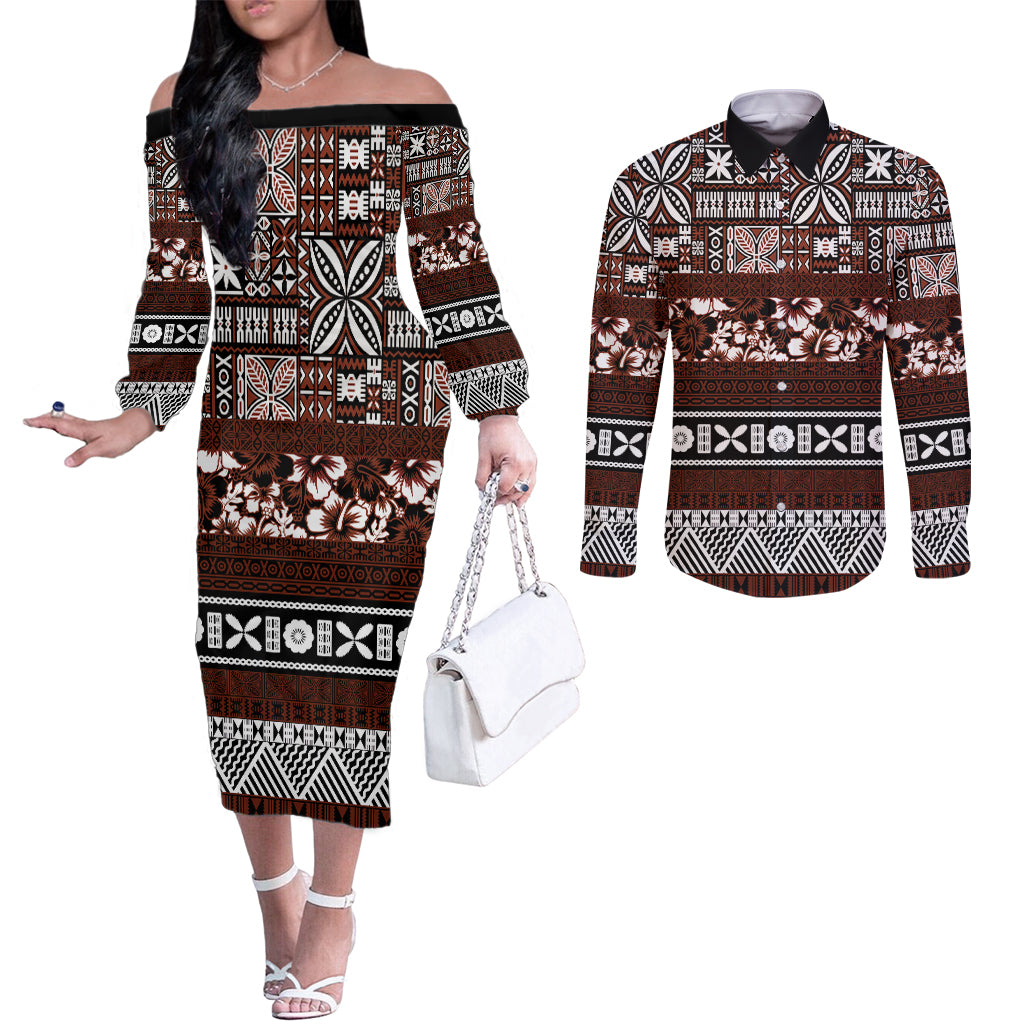 bula-fiji-couples-matching-off-the-shoulder-long-sleeve-dress-and-long-sleeve-button-shirt-fijian-tapa-masi-with-hibiscus-flowers