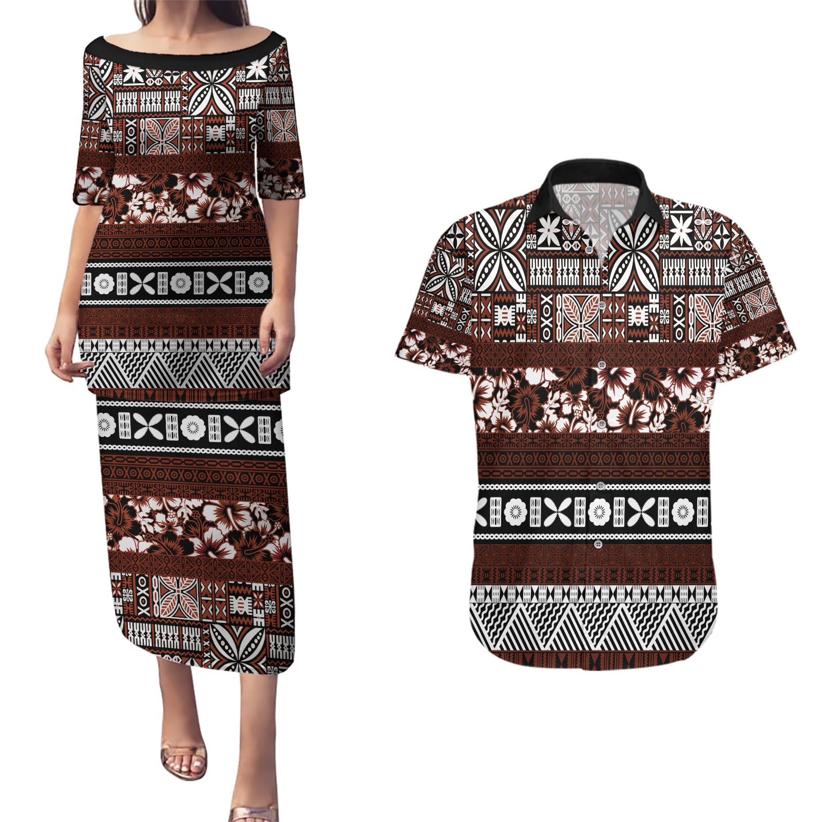 Bula Fiji Couples Matching Puletasi Dress and Hawaiian Shirt Fijian Tapa Masi With Hibiscus Flowers - Wonder Print Shop