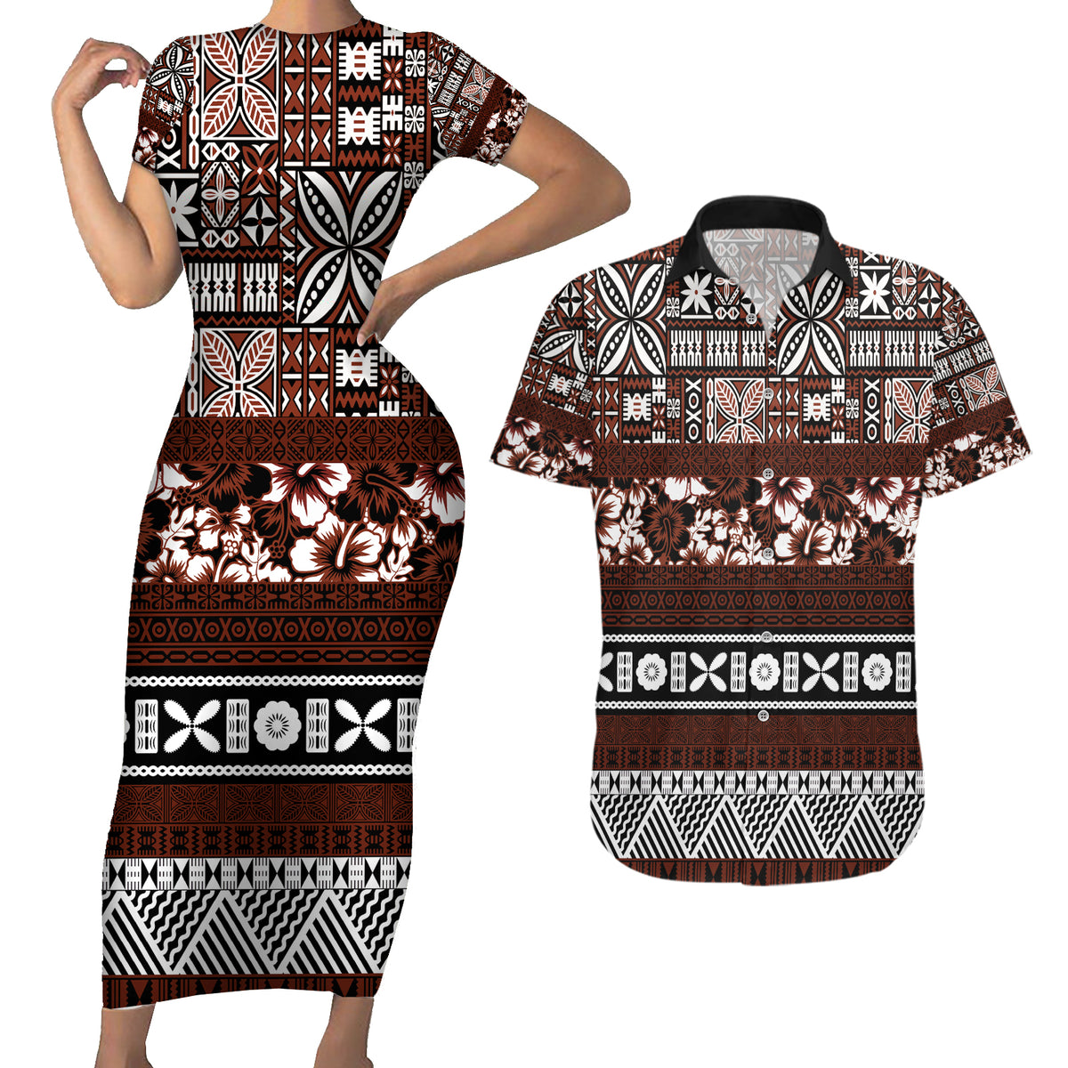 Bula Fiji Couples Matching Short Sleeve Bodycon Dress and Hawaiian Shirt Fijian Tapa Masi With Hibiscus Flowers - Wonder Print Shop