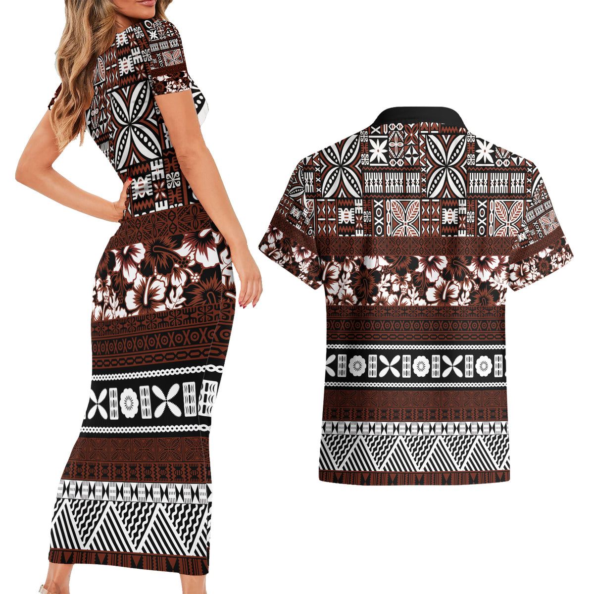 Bula Fiji Couples Matching Short Sleeve Bodycon Dress and Hawaiian Shirt Fijian Tapa Masi With Hibiscus Flowers - Wonder Print Shop