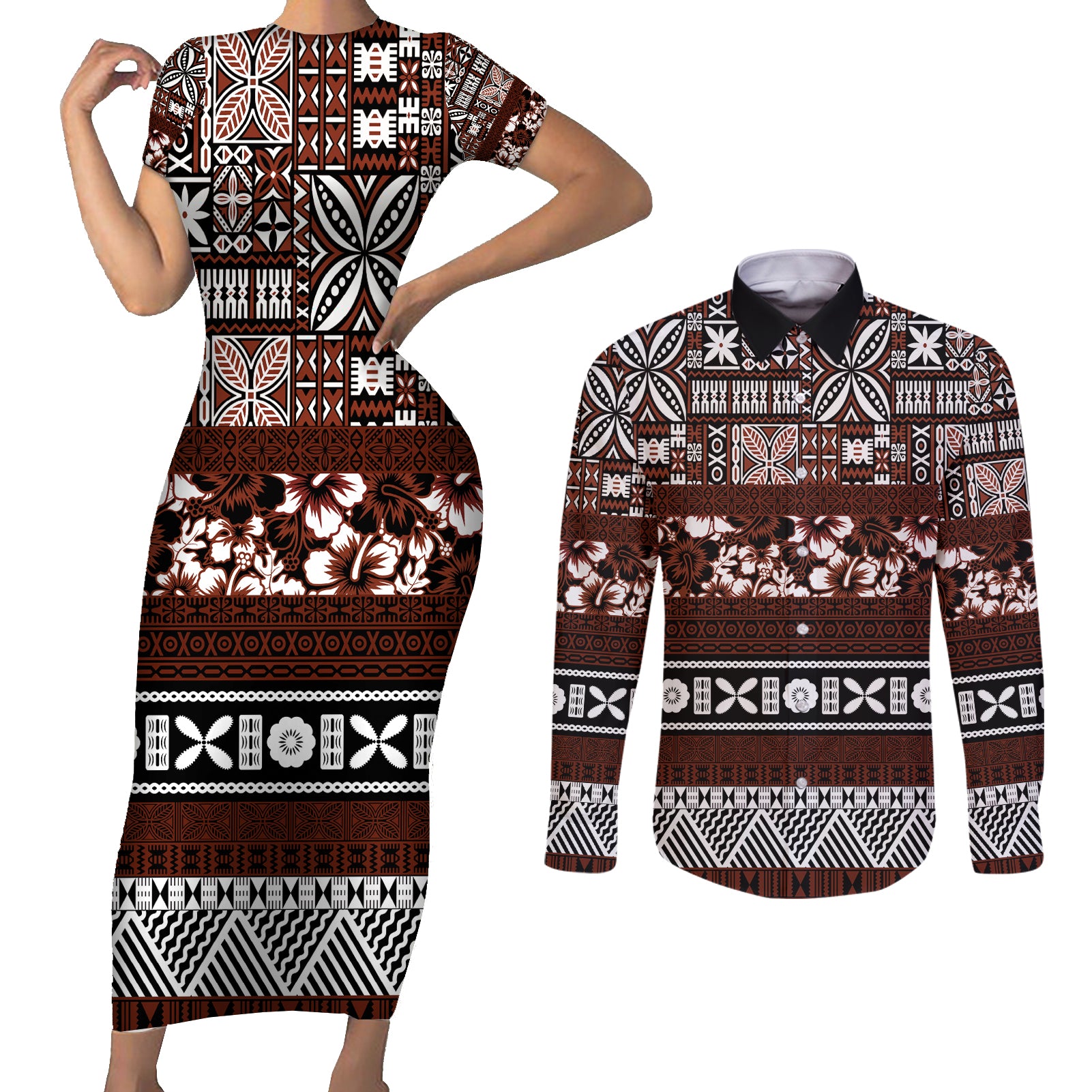 Bula Fiji Couples Matching Short Sleeve Bodycon Dress and Long Sleeve Button Shirt Fijian Tapa Masi With Hibiscus Flowers - Wonder Print Shop