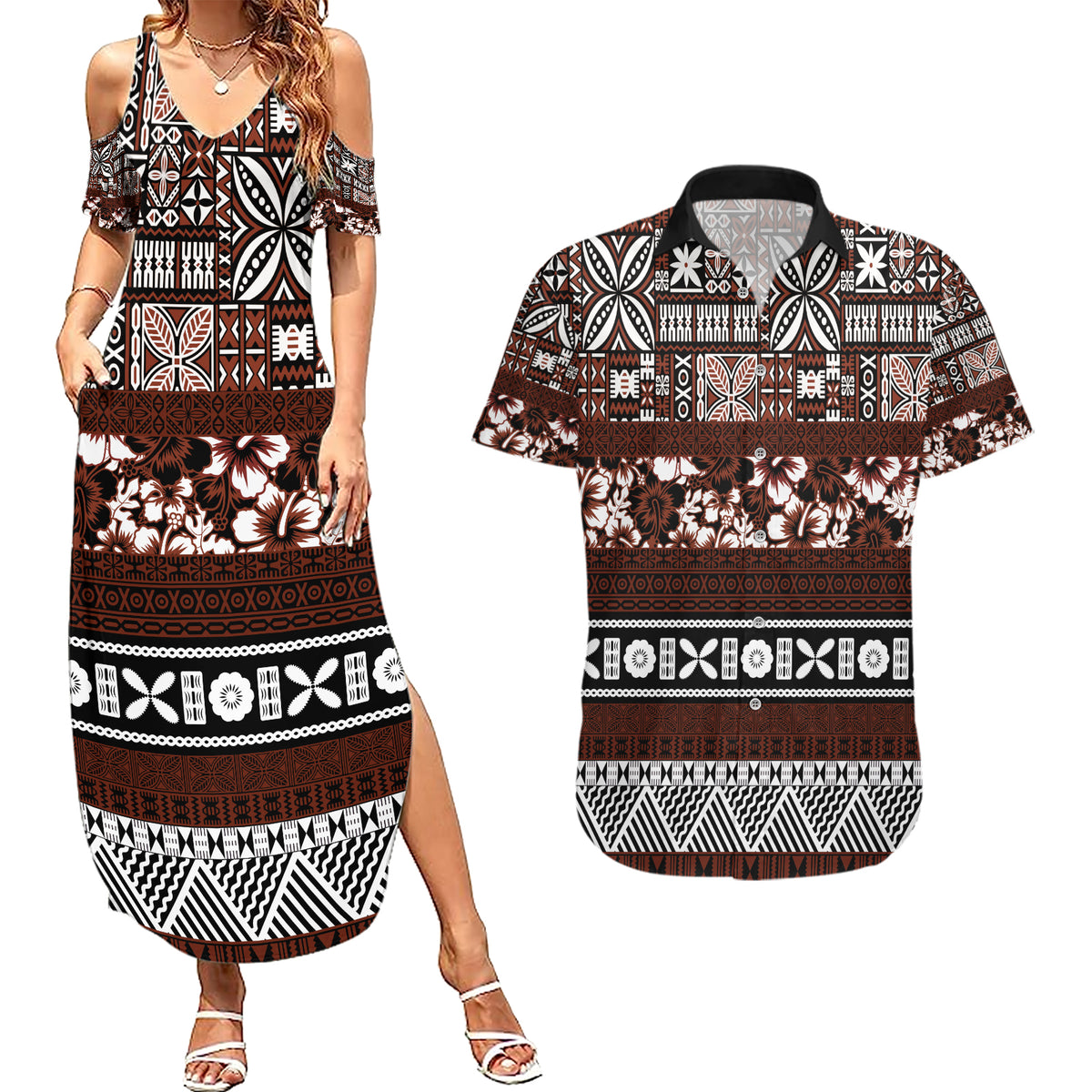 Bula Fiji Couples Matching Summer Maxi Dress and Hawaiian Shirt Fijian Tapa Masi With Hibiscus Flowers - Wonder Print Shop