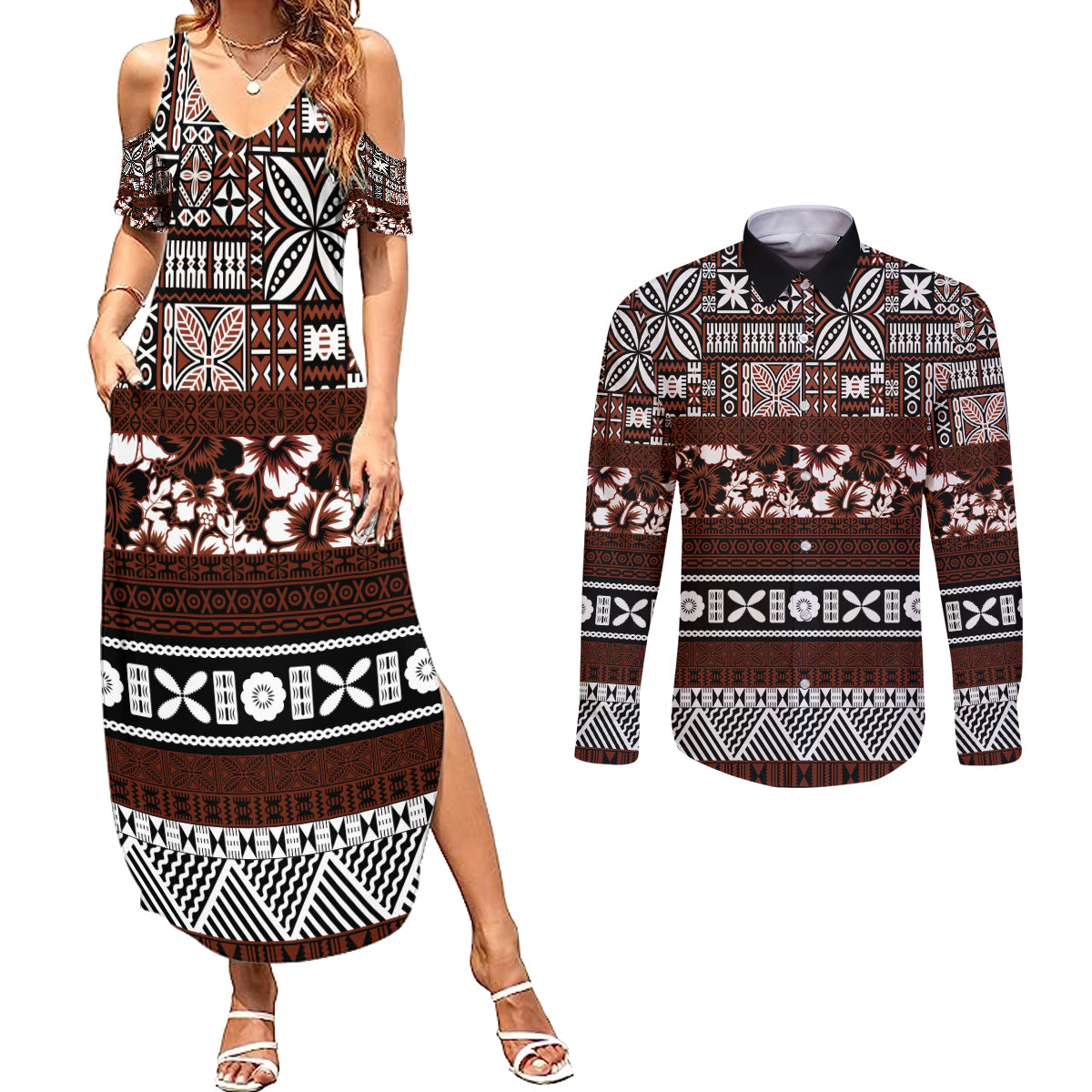 Bula Fiji Couples Matching Summer Maxi Dress and Long Sleeve Button Shirt Fijian Tapa Masi With Hibiscus Flowers - Wonder Print Shop
