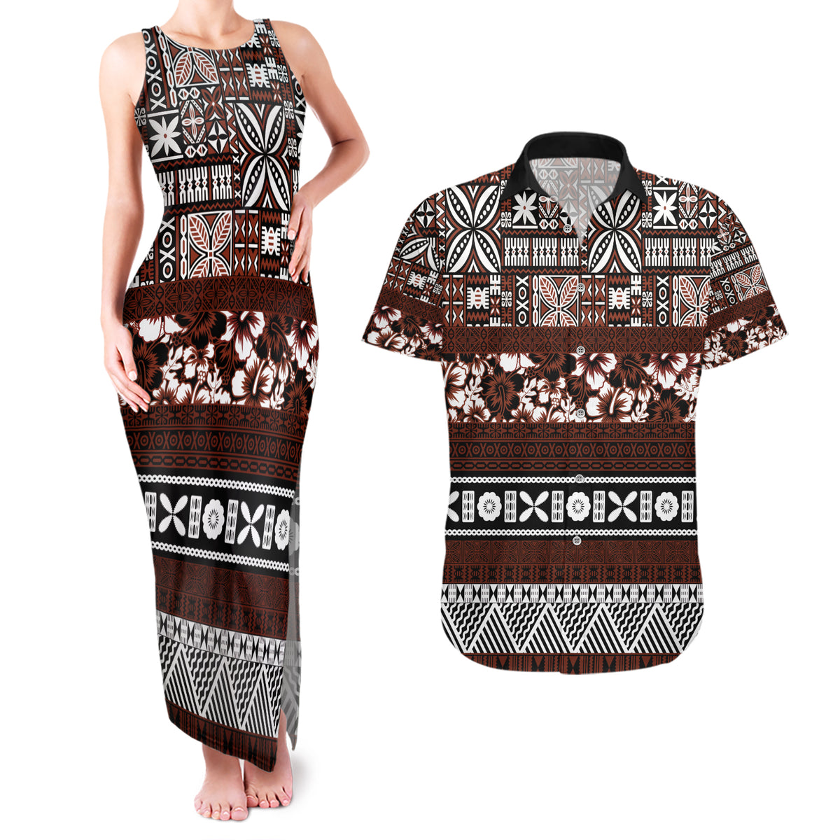 Bula Fiji Couples Matching Tank Maxi Dress and Hawaiian Shirt Fijian Tapa Masi With Hibiscus Flowers - Wonder Print Shop