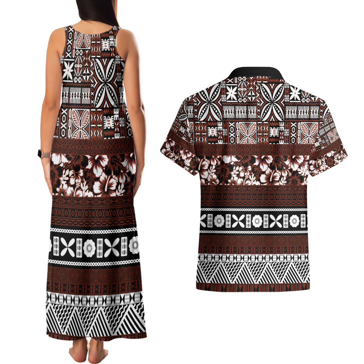 Bula Fiji Couples Matching Tank Maxi Dress and Hawaiian Shirt Fijian Tapa Masi With Hibiscus Flowers - Wonder Print Shop
