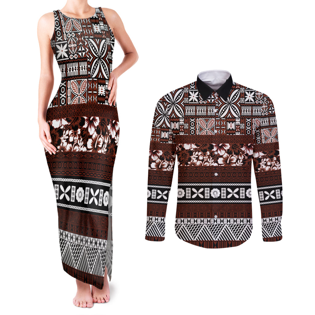 Bula Fiji Couples Matching Tank Maxi Dress and Long Sleeve Button Shirt Fijian Tapa Masi With Hibiscus Flowers - Wonder Print Shop
