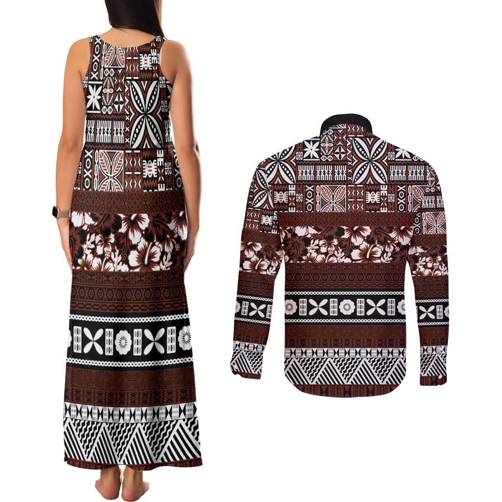 Bula Fiji Couples Matching Tank Maxi Dress and Long Sleeve Button Shirt Fijian Tapa Masi With Hibiscus Flowers - Wonder Print Shop