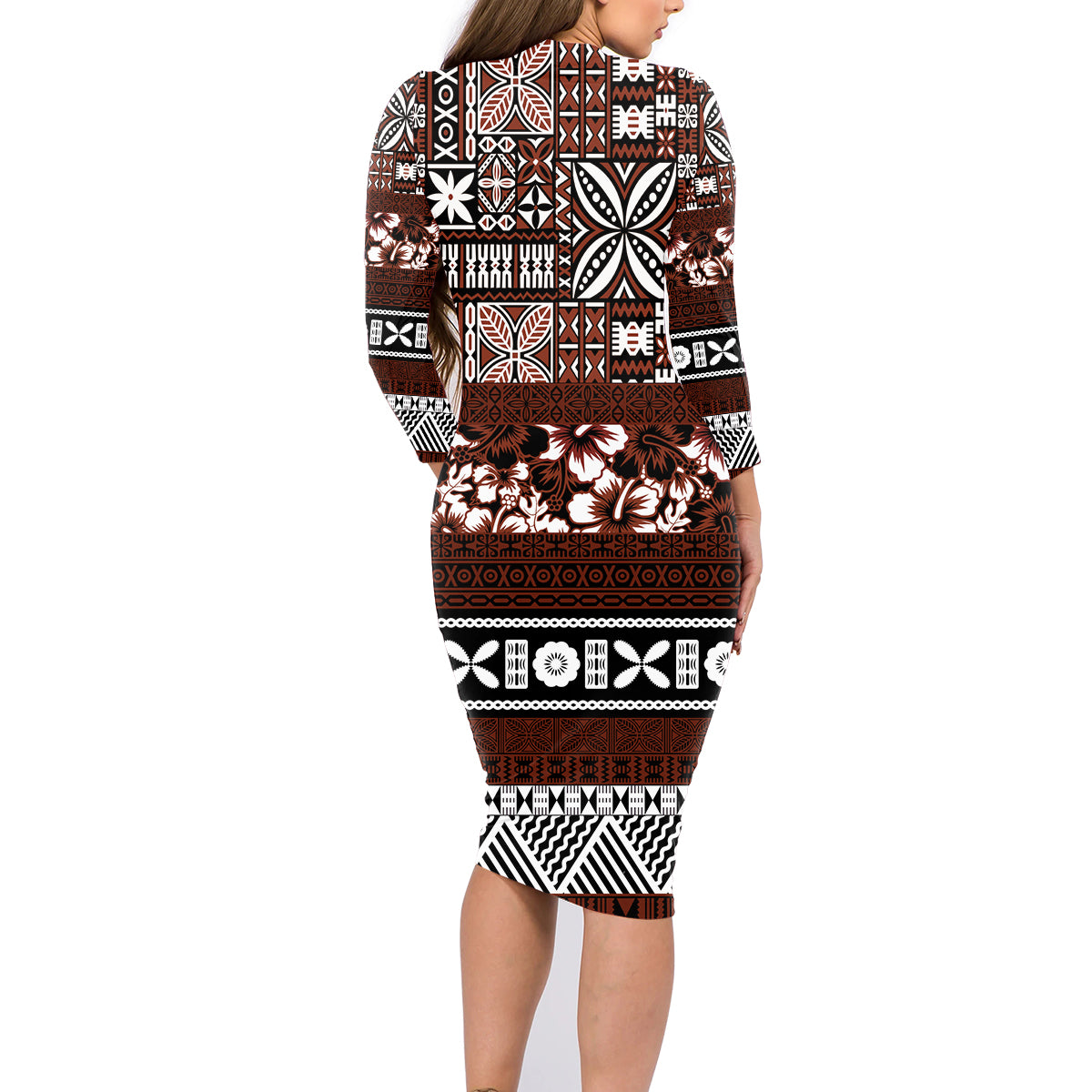 Bula Fiji Family Matching Long Sleeve Bodycon Dress and Hawaiian Shirt Fijian Tapa Masi With Hibiscus Flowers - Wonder Print Shop