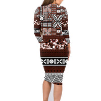 Bula Fiji Family Matching Long Sleeve Bodycon Dress and Hawaiian Shirt Fijian Tapa Masi With Hibiscus Flowers - Wonder Print Shop