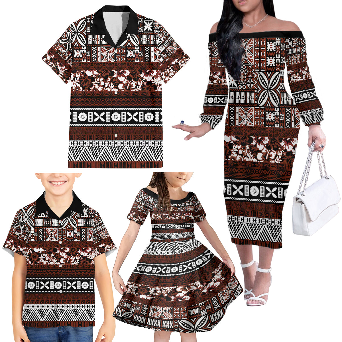 Bula Fiji Family Matching Off Shoulder Long Sleeve Dress and Hawaiian Shirt Fijian Tapa Masi With Hibiscus Flowers - Wonder Print Shop