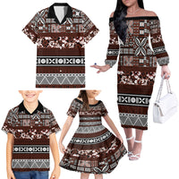 Bula Fiji Family Matching Off Shoulder Long Sleeve Dress and Hawaiian Shirt Fijian Tapa Masi With Hibiscus Flowers - Wonder Print Shop