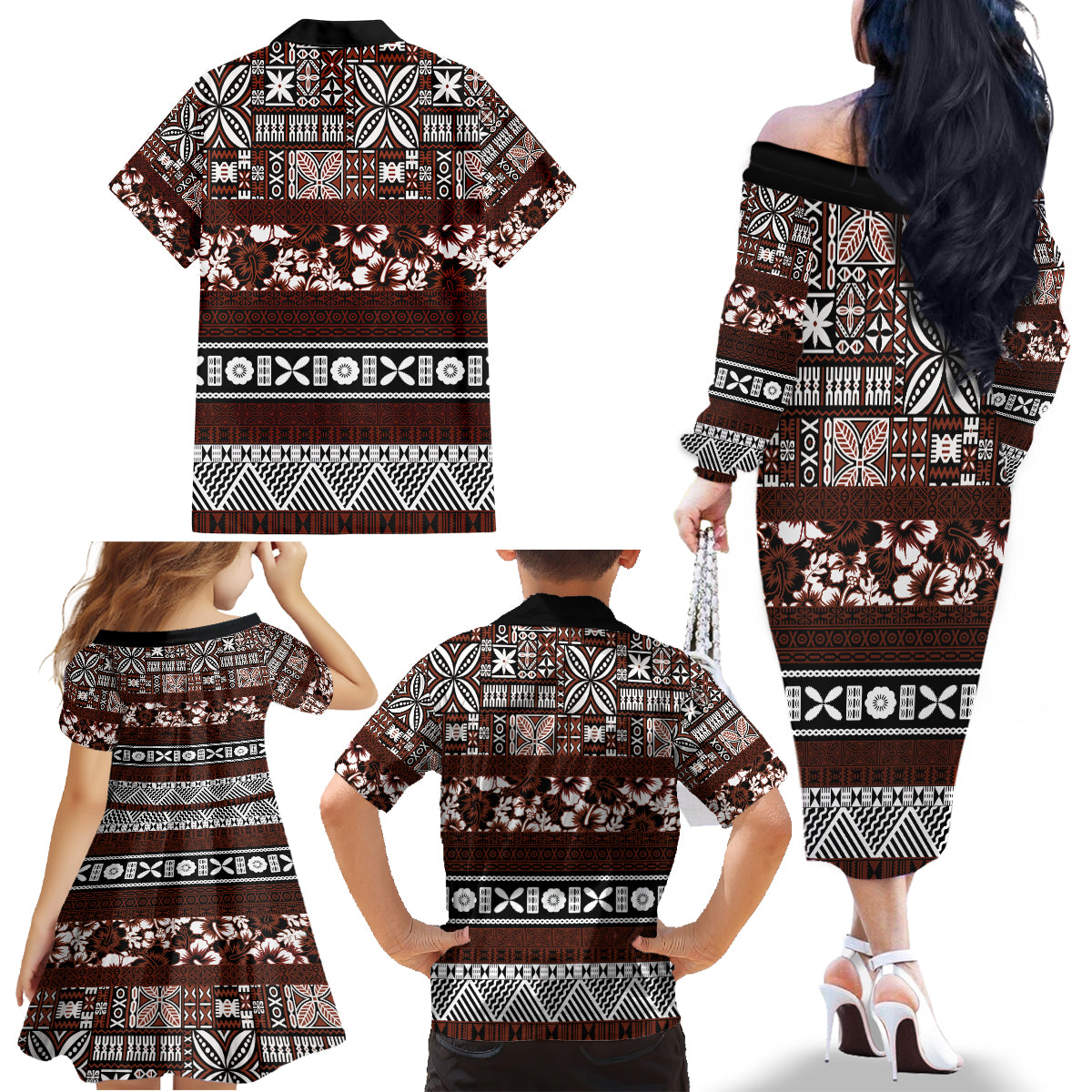 Bula Fiji Family Matching Off Shoulder Long Sleeve Dress and Hawaiian Shirt Fijian Tapa Masi With Hibiscus Flowers - Wonder Print Shop