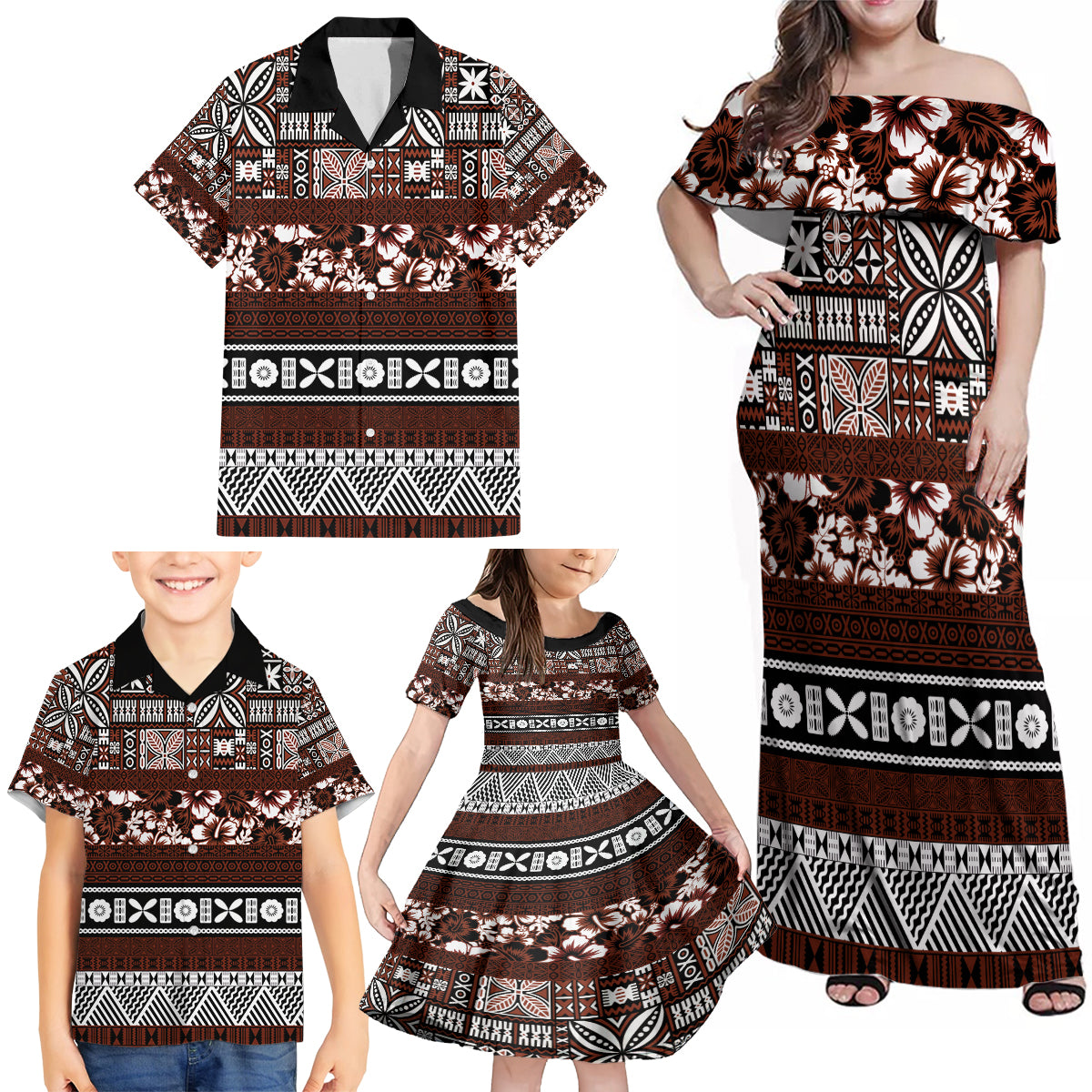 Bula Fiji Family Matching Off Shoulder Maxi Dress and Hawaiian Shirt Fijian Tapa Masi With Hibiscus Flowers - Wonder Print Shop
