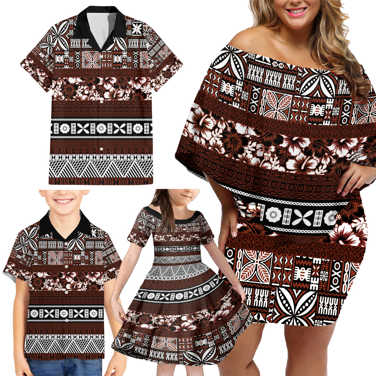 Bula Fiji Family Matching Off Shoulder Short Dress and Hawaiian Shirt Fijian Tapa Masi With Hibiscus Flowers - Wonder Print Shop