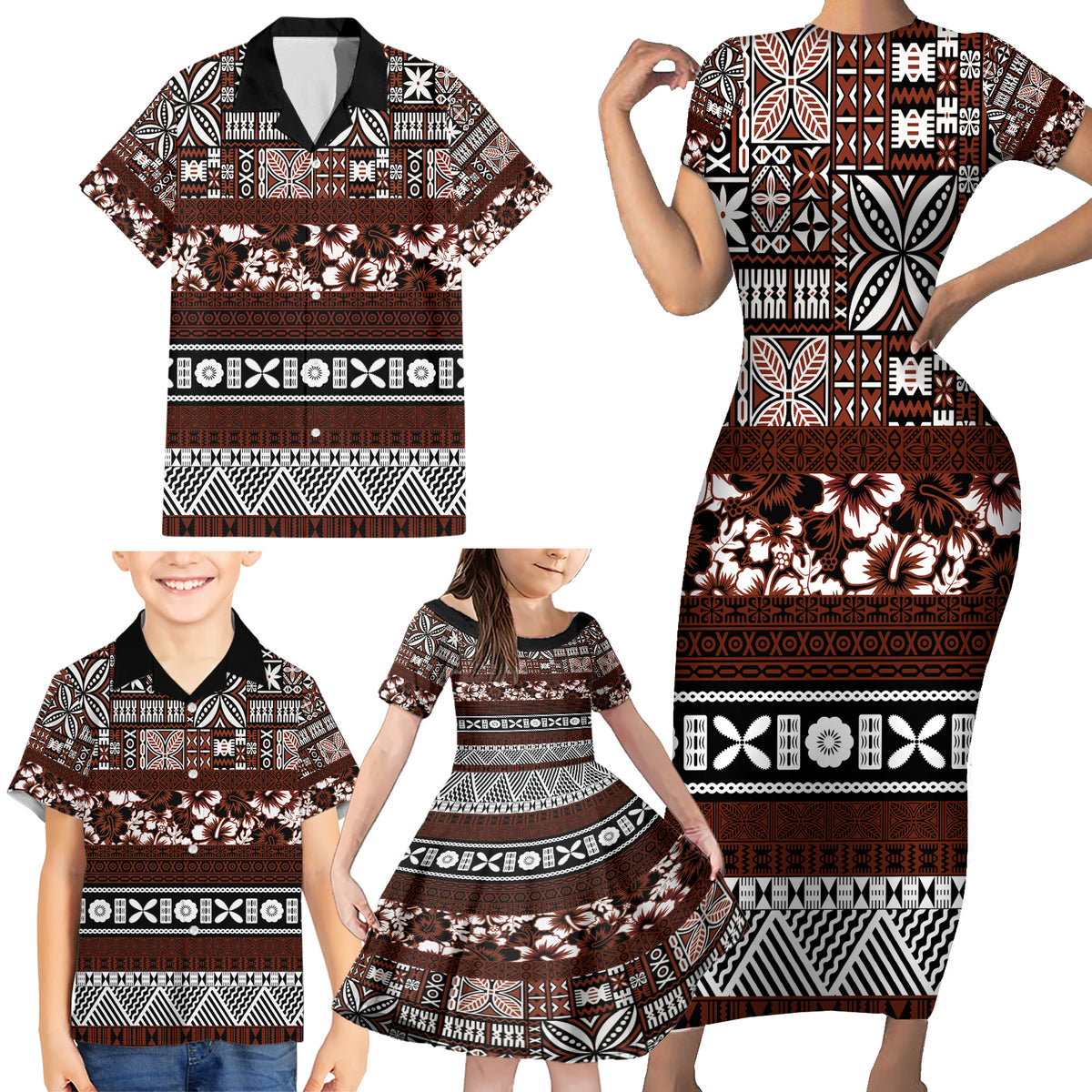 Bula Fiji Family Matching Short Sleeve Bodycon Dress and Hawaiian Shirt Fijian Tapa Masi With Hibiscus Flowers - Wonder Print Shop