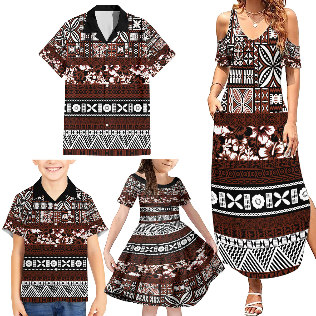 Bula Fiji Family Matching Summer Maxi Dress and Hawaiian Shirt Fijian Tapa Masi With Hibiscus Flowers - Wonder Print Shop