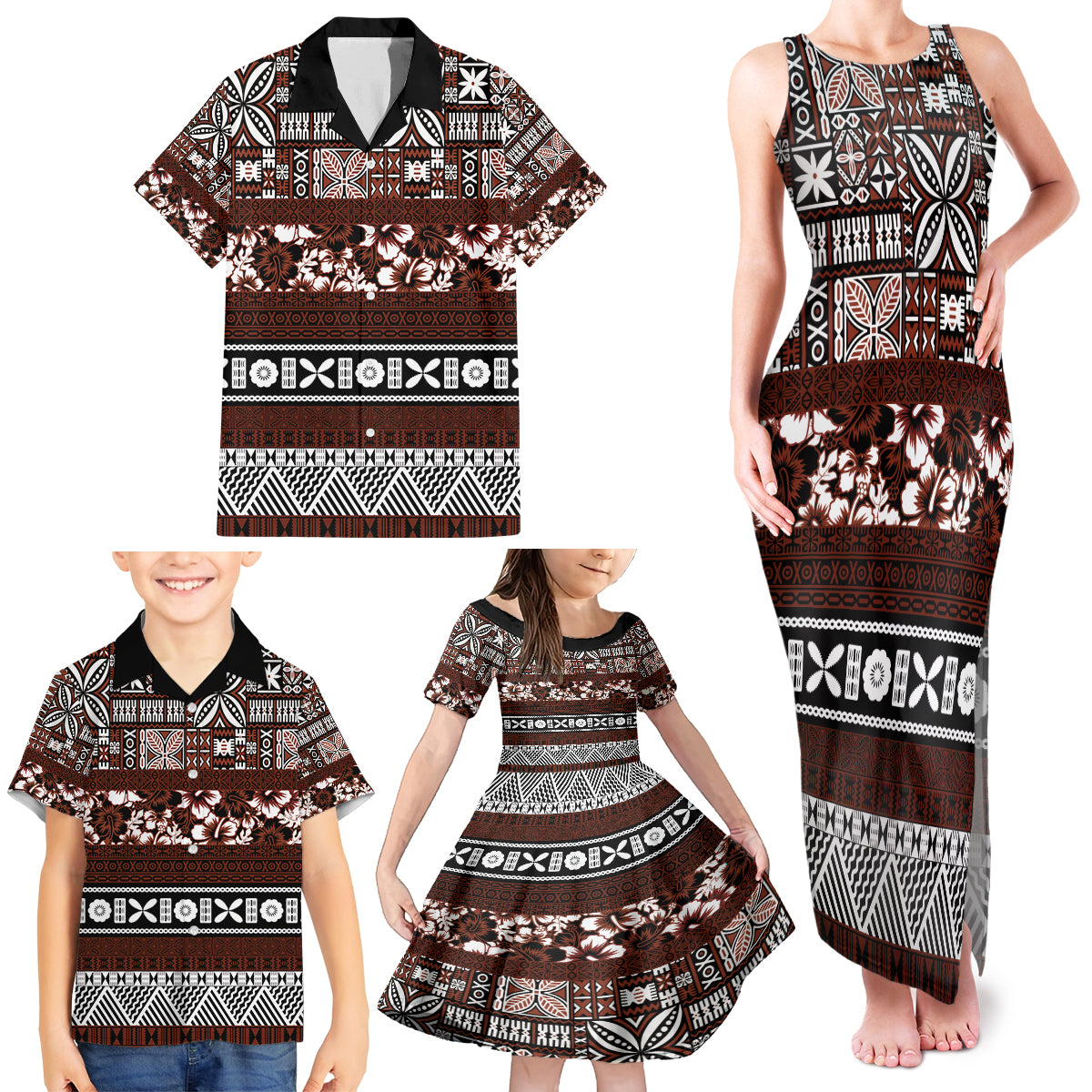 Bula Fiji Family Matching Tank Maxi Dress and Hawaiian Shirt Fijian Tapa Masi With Hibiscus Flowers - Wonder Print Shop