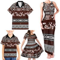 Bula Fiji Family Matching Tank Maxi Dress and Hawaiian Shirt Fijian Tapa Masi With Hibiscus Flowers - Wonder Print Shop