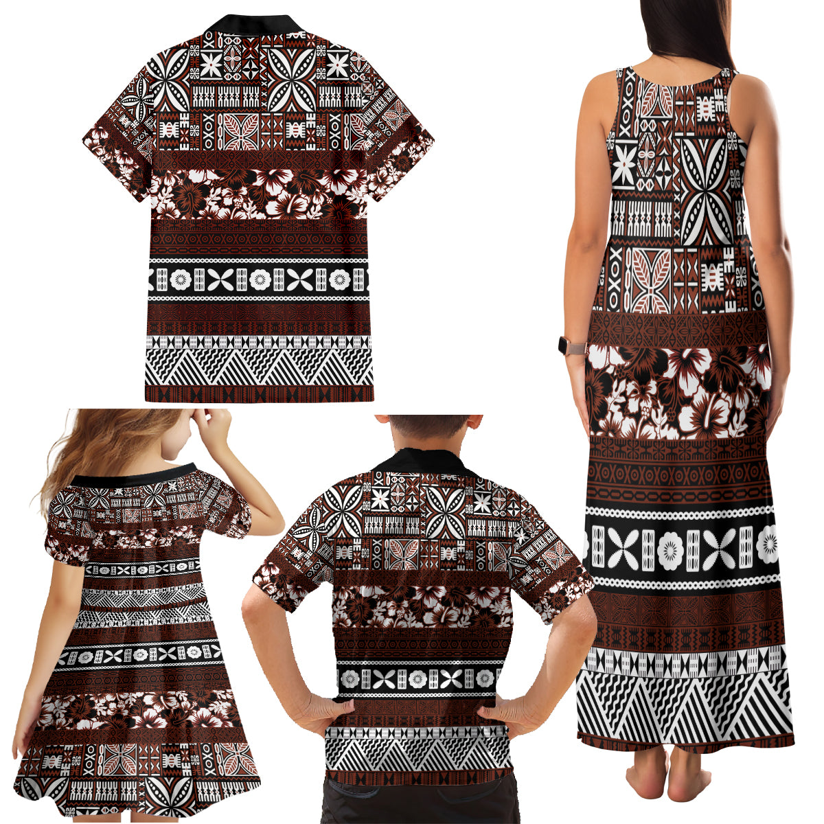 Bula Fiji Family Matching Tank Maxi Dress and Hawaiian Shirt Fijian Tapa Masi With Hibiscus Flowers - Wonder Print Shop