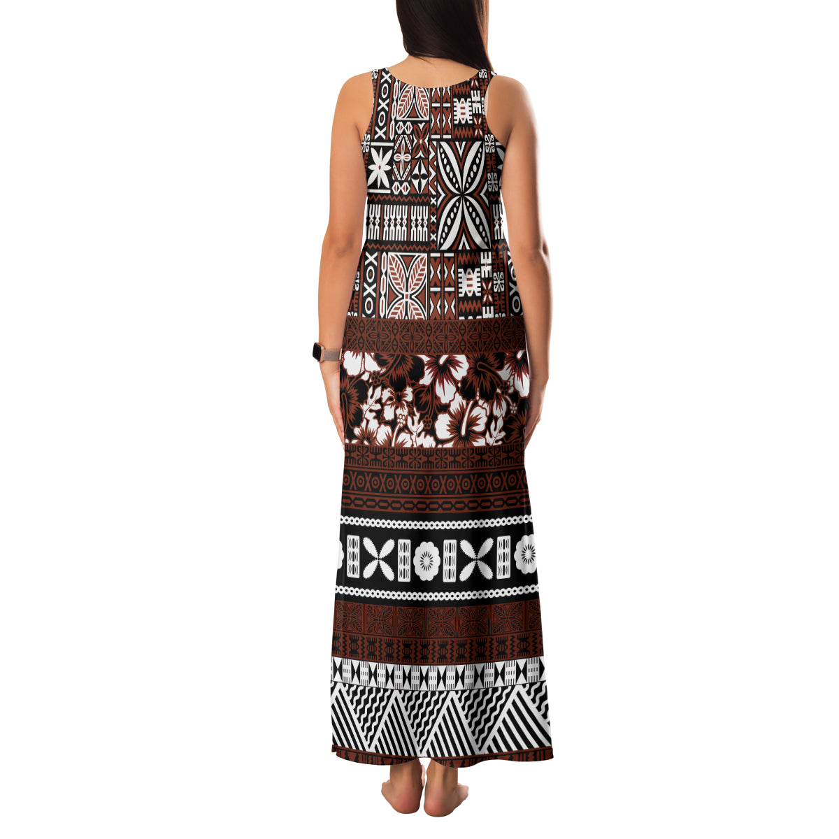 Bula Fiji Family Matching Tank Maxi Dress and Hawaiian Shirt Fijian Tapa Masi With Hibiscus Flowers - Wonder Print Shop