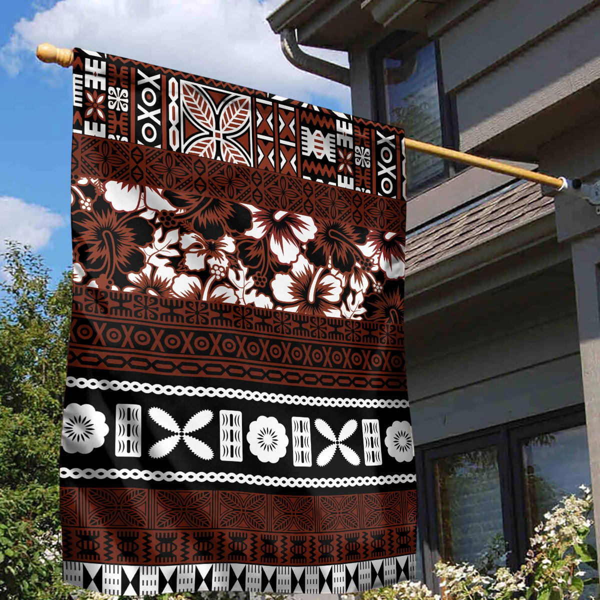 Bula Fiji Garden Flag Fijian Tapa Masi With Hibiscus Flowers - Wonder Print Shop