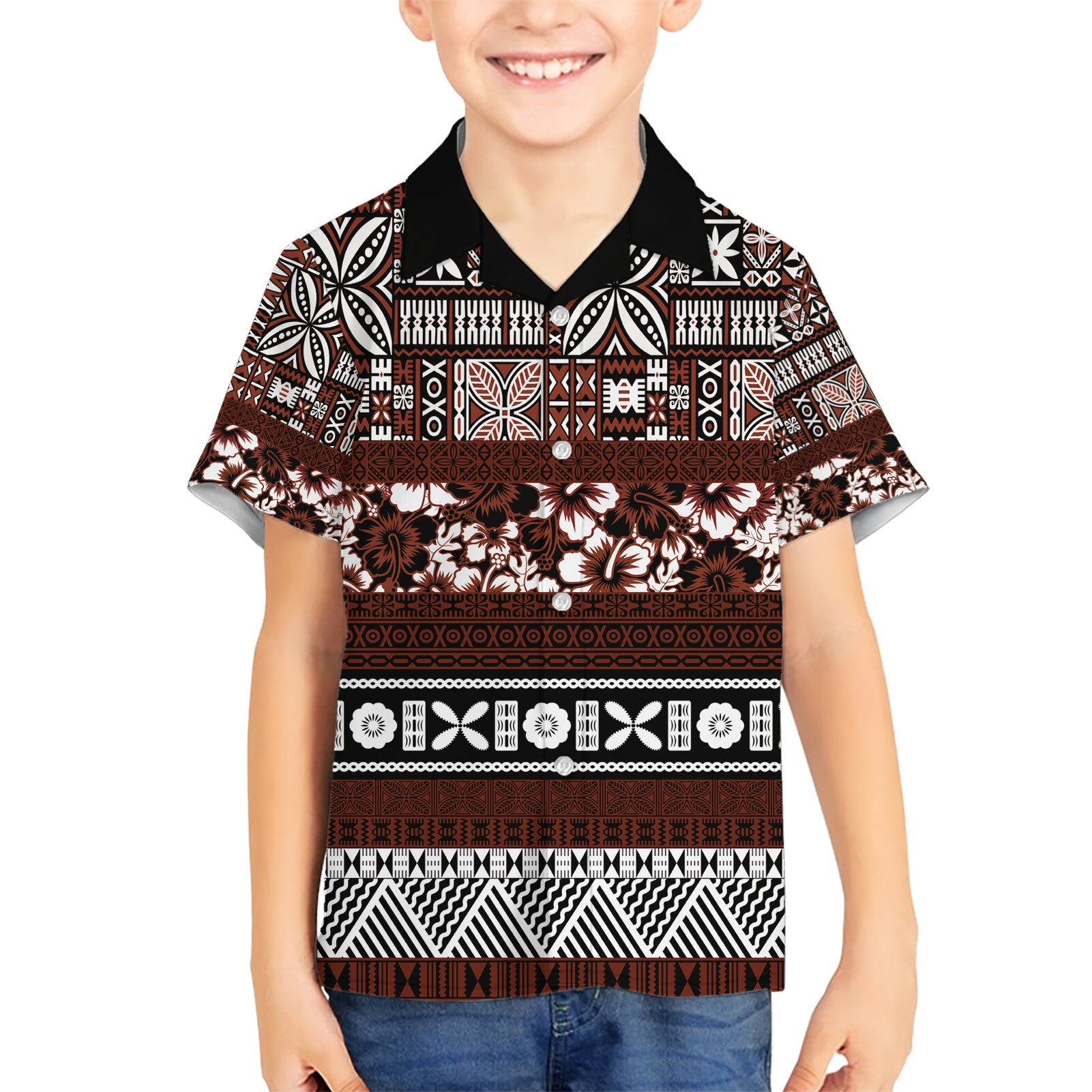 Bula Fiji Kid Hawaiian Shirt Fijian Tapa Masi With Hibiscus Flowers - Wonder Print Shop