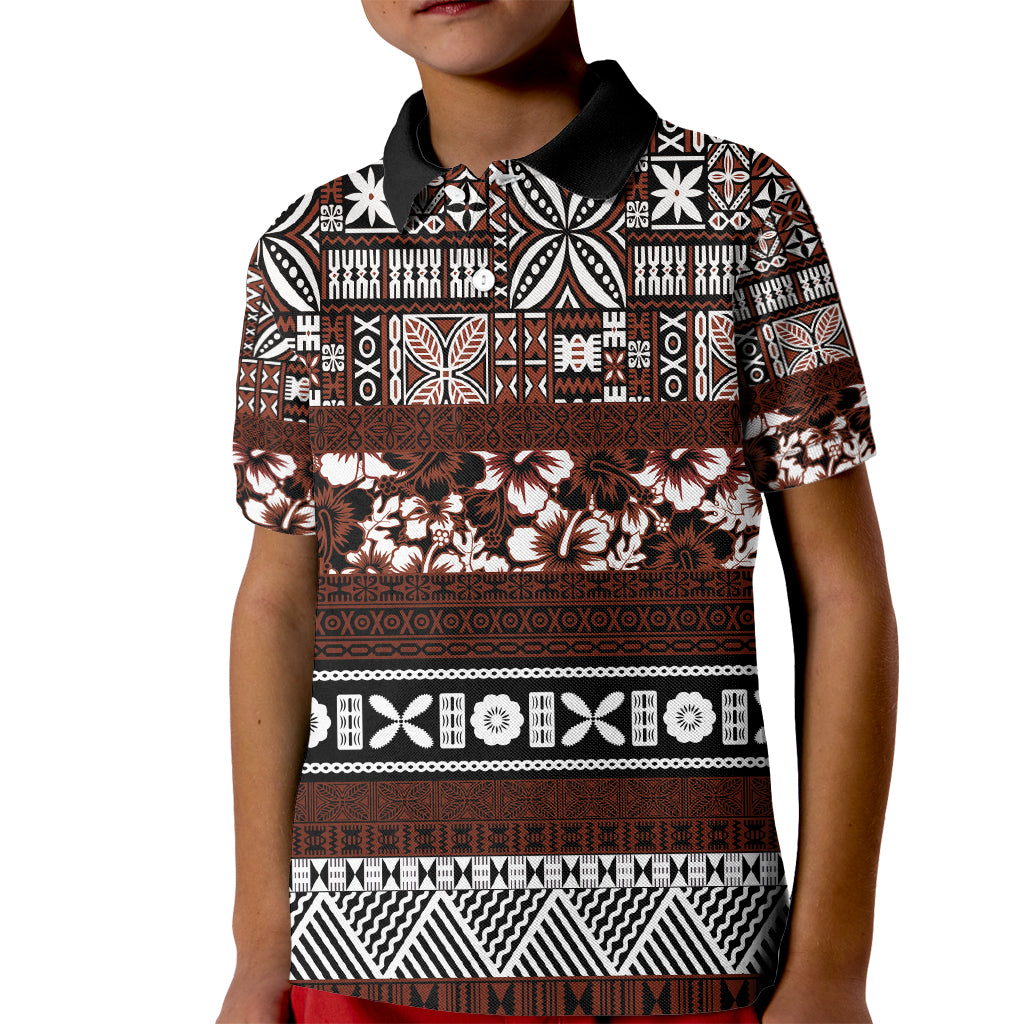 Bula Fiji Kid Polo Shirt Fijian Tapa Masi With Hibiscus Flowers - Wonder Print Shop