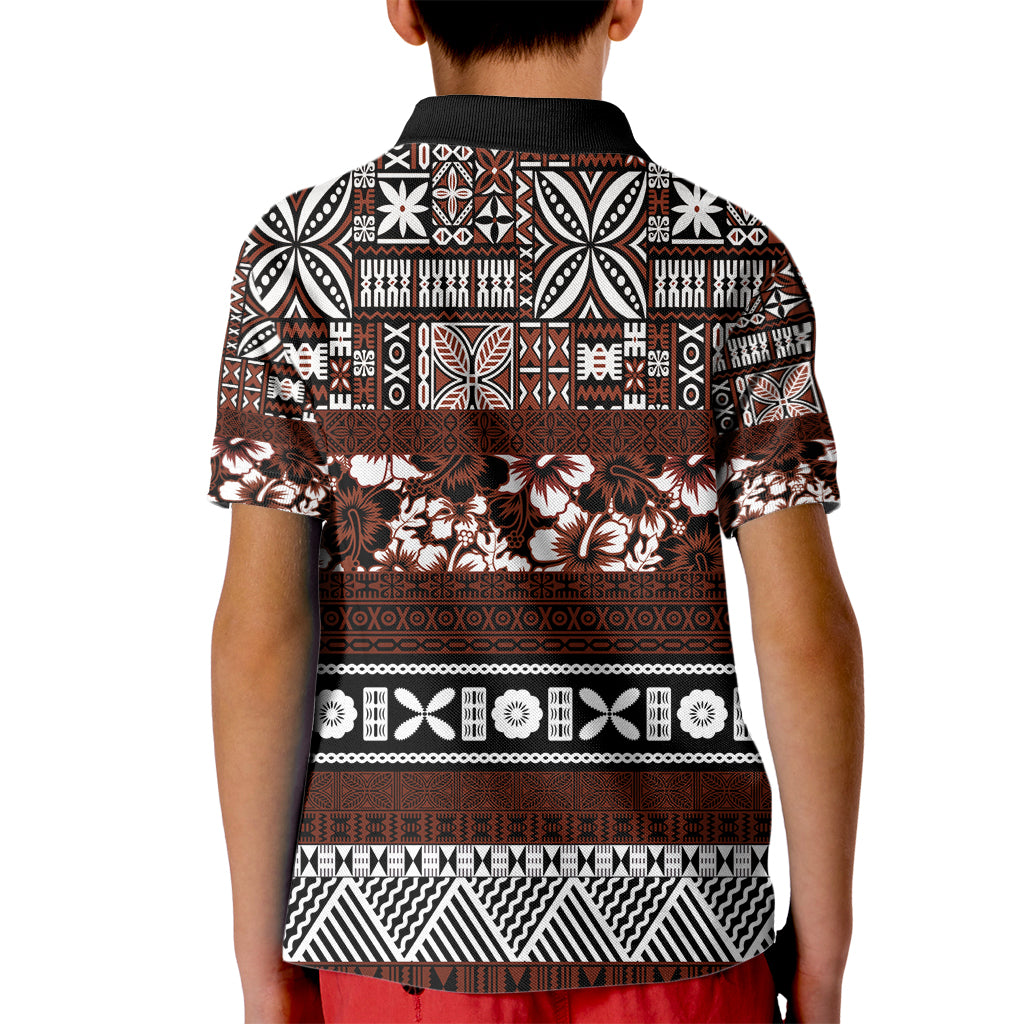 Bula Fiji Kid Polo Shirt Fijian Tapa Masi With Hibiscus Flowers - Wonder Print Shop