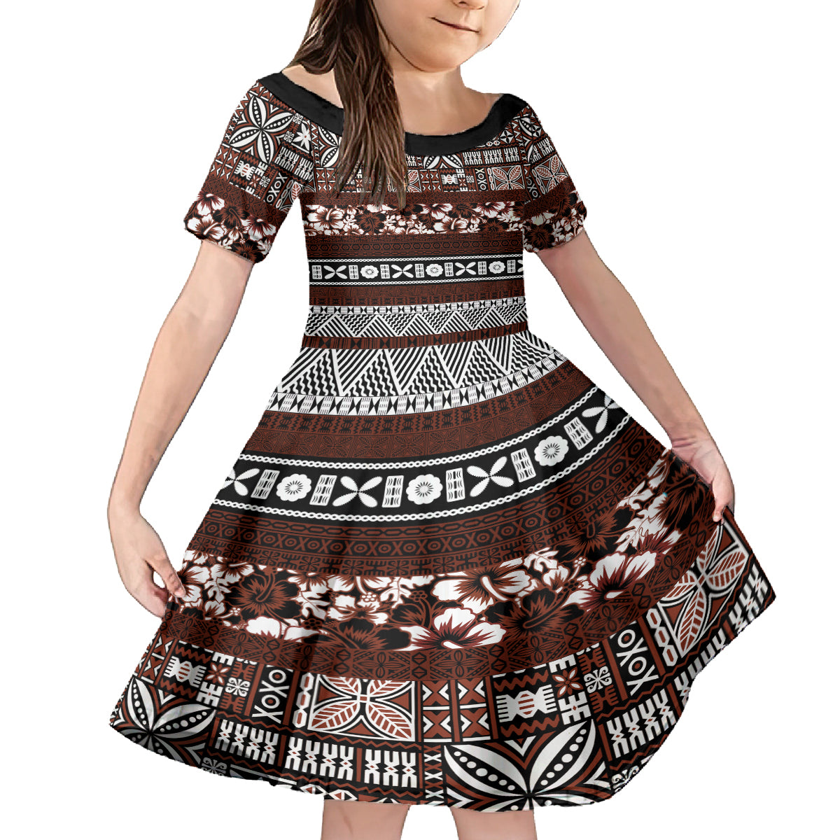 Bula Fiji Kid Short Sleeve Dress Fijian Tapa Masi With Hibiscus Flowers - Wonder Print Shop