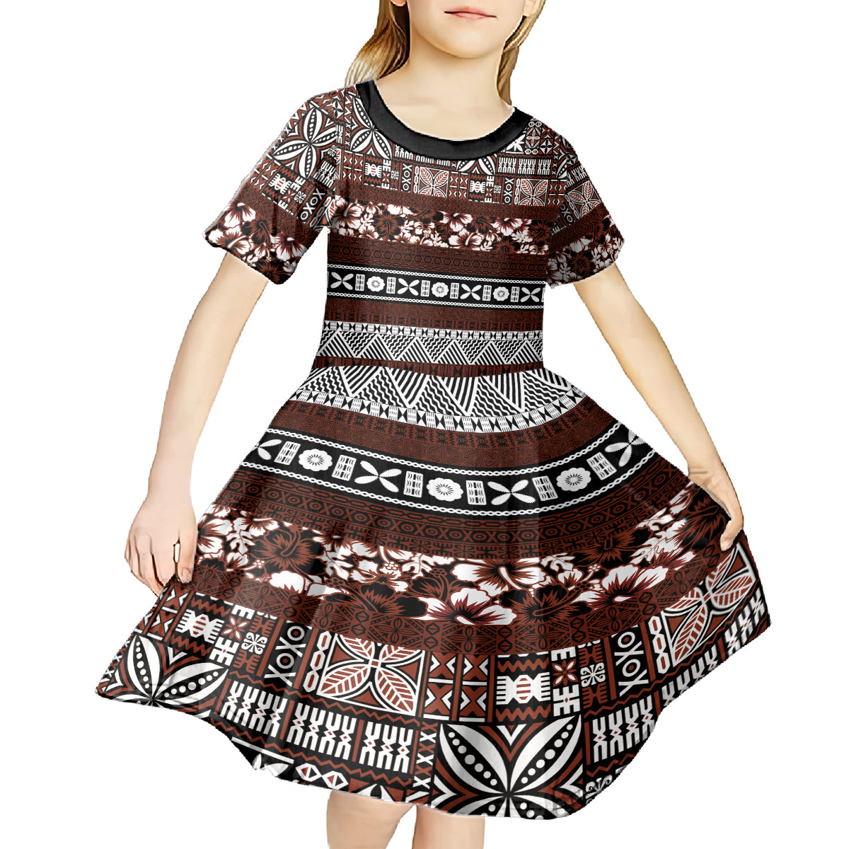 Bula Fiji Kid Short Sleeve Dress Fijian Tapa Masi With Hibiscus Flowers - Wonder Print Shop