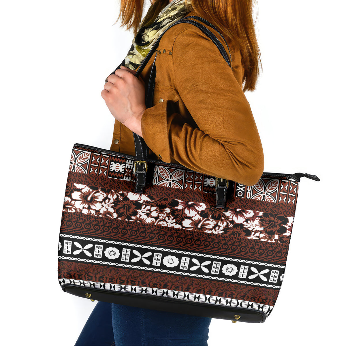 Bula Fiji Leather Tote Bag Fijian Tapa Masi With Hibiscus Flowers - Wonder Print Shop