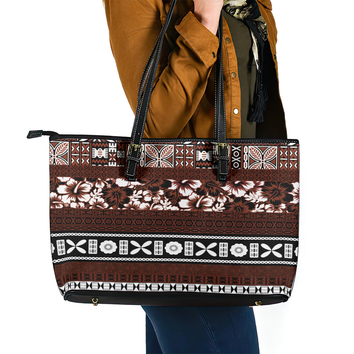 Bula Fiji Leather Tote Bag Fijian Tapa Masi With Hibiscus Flowers - Wonder Print Shop