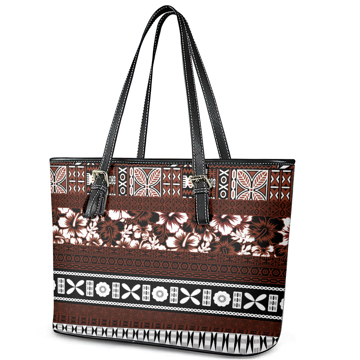 Bula Fiji Leather Tote Bag Fijian Tapa Masi With Hibiscus Flowers - Wonder Print Shop