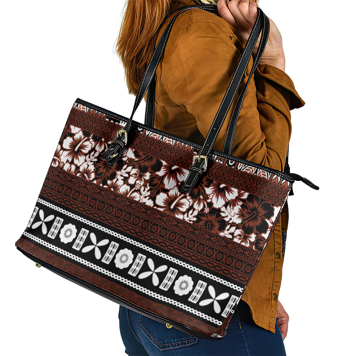 Bula Fiji Leather Tote Bag Fijian Tapa Masi With Hibiscus Flowers - Wonder Print Shop