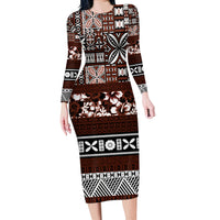 Bula Fiji Long Sleeve Bodycon Dress Fijian Tapa Masi With Hibiscus Flowers - Wonder Print Shop