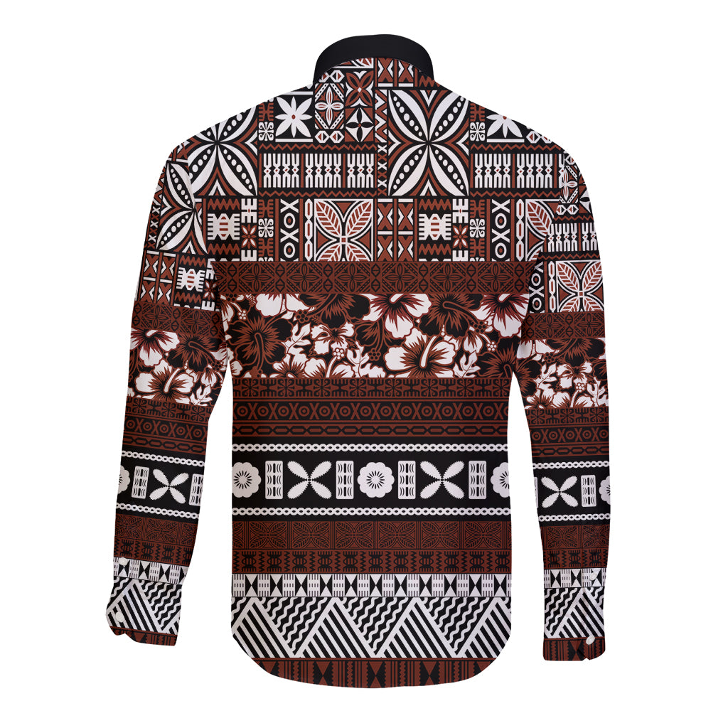 Bula Fiji Long Sleeve Button Shirt Fijian Tapa Masi With Hibiscus Flowers - Wonder Print Shop