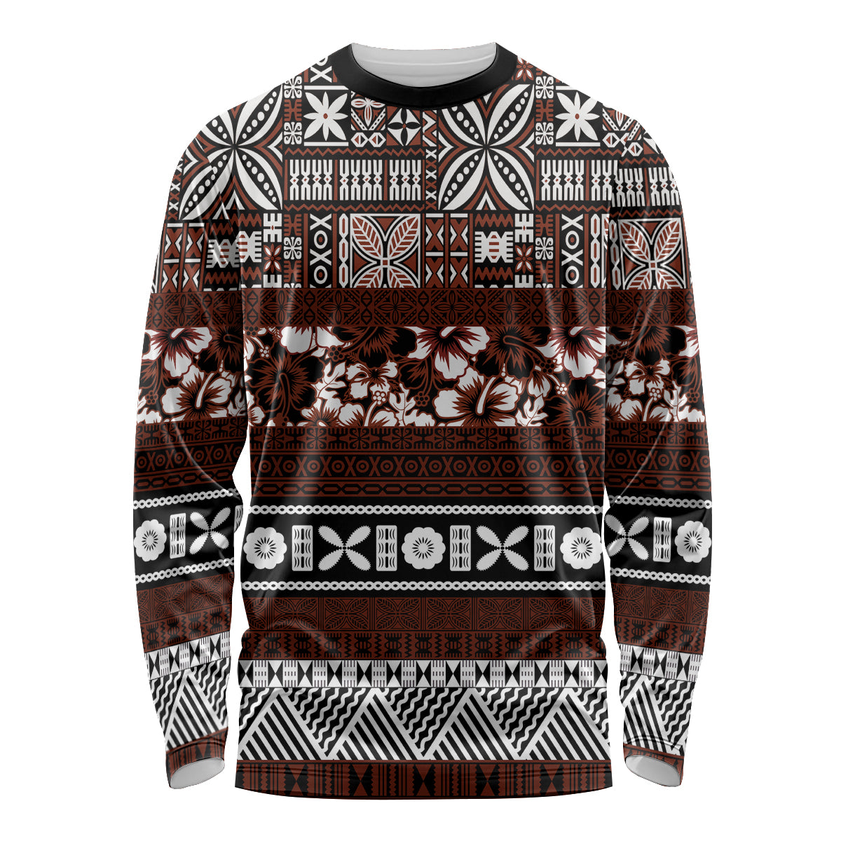 Bula Fiji Long Sleeve Shirt Fijian Tapa Masi With Hibiscus Flowers - Wonder Print Shop