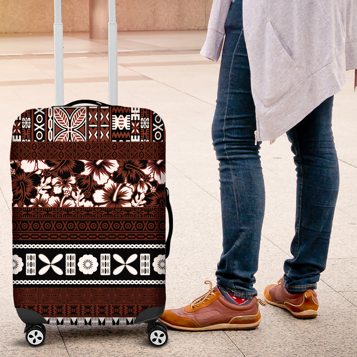 Bula Fiji Luggage Cover Fijian Tapa Masi With Hibiscus Flowers - Wonder Print Shop