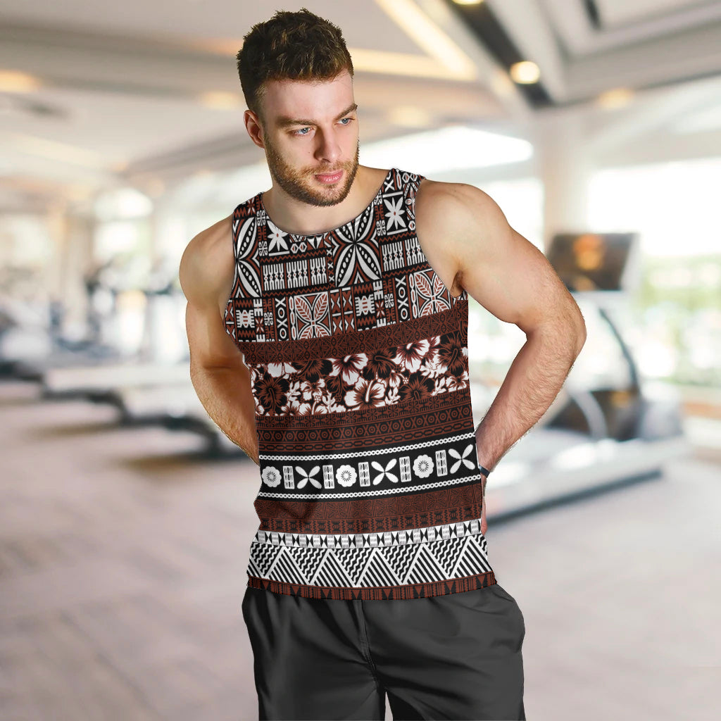Bula Fiji Men Tank Top Fijian Tapa Masi With Hibiscus Flowers - Wonder Print Shop